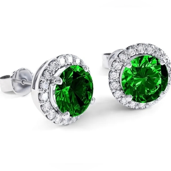 Jewelry - 925 Sterling Silver Round Lab Created Emerald and White Topaz Halo Stud Earrings
